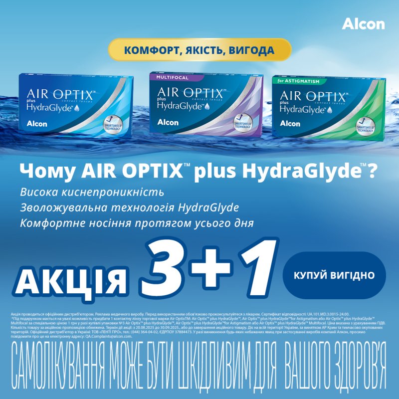 Акція МКЛ Alcon Air Optix plus HydraGlyde 3+1